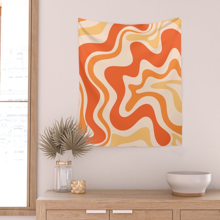Tangerine Liquid Swirl Retro Abstract Pattern Wall Tapestry Gallery Image 2