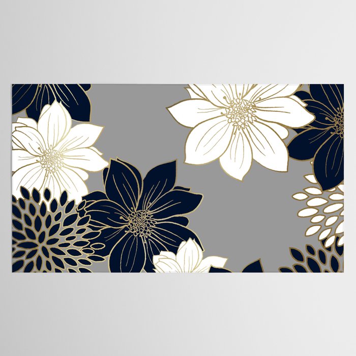 Floral Garden, White, Navy, Grey Tablecloth Gallery Image 2