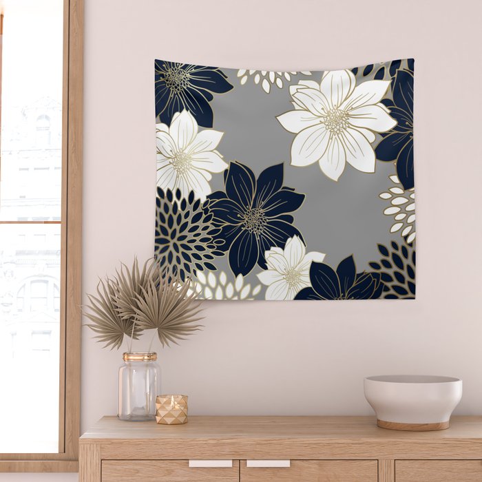 Floral Garden, White, Navy, Grey Wall Tapestry Gallery Image 2