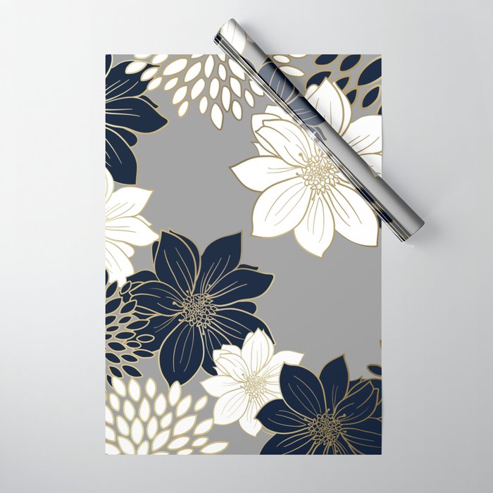 Floral Garden, White, Navy, Grey Wrapping Paper Gallery Image 1