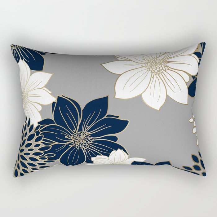 Floral Garden, White, Navy, Grey Rectangular Pillow Gallery Image 2