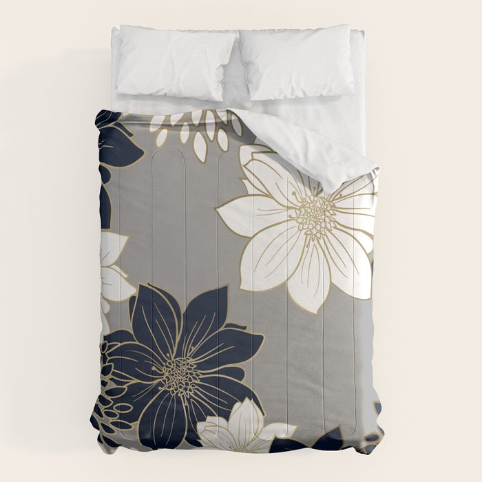 Floral Garden, White, Navy, Grey Comforter Gallery Image 6