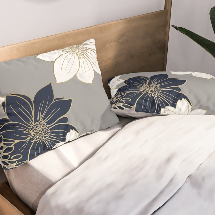 Floral Garden, White, Navy, Grey Pillow Sham Gallery Image 2