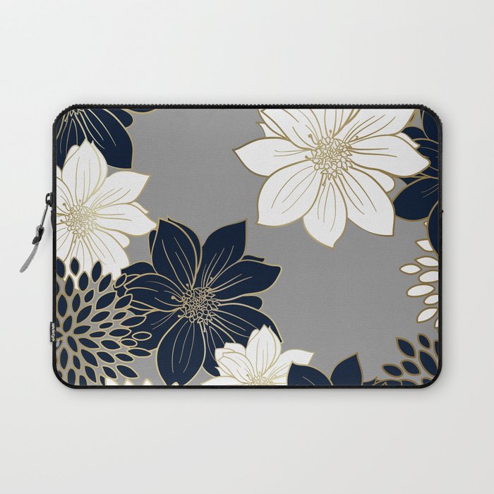 Floral Garden, White, Navy, Grey Laptop Sleeve Gallery Image 1