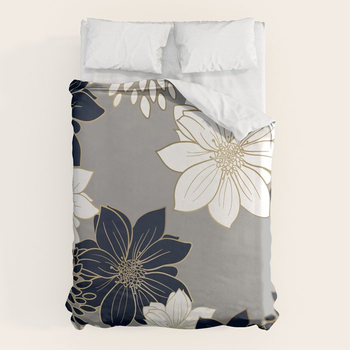 Floral Garden, White, Navy, Grey Duvet Cover Gallery Image 1