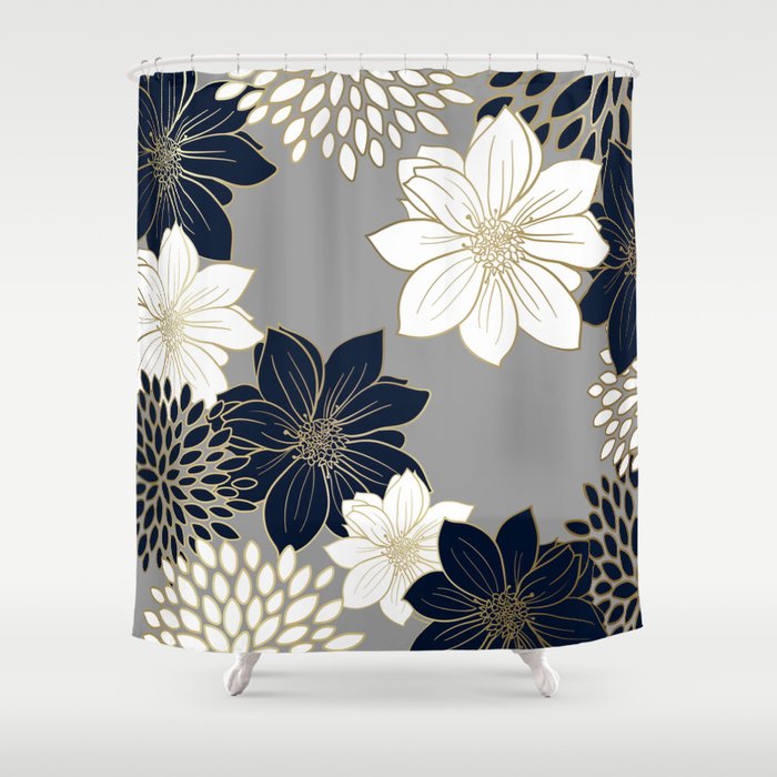 Floral Garden, White, Navy, Grey Shower Curtain Gallery Image 1