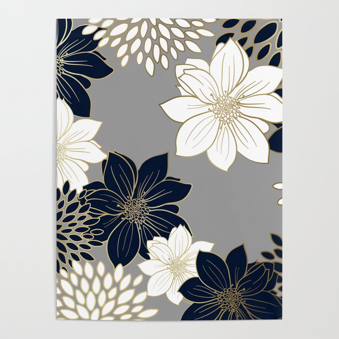 Floral Garden, White, Navy, Grey Poster Gallery Image 4