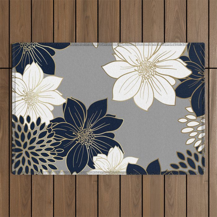 Floral Garden, White, Navy, Grey Outdoor Rug Gallery Image 1