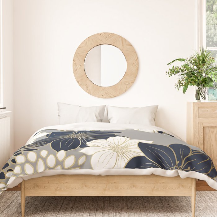 Floral Garden, White, Navy, Grey Duvet Cover Gallery Image 3
