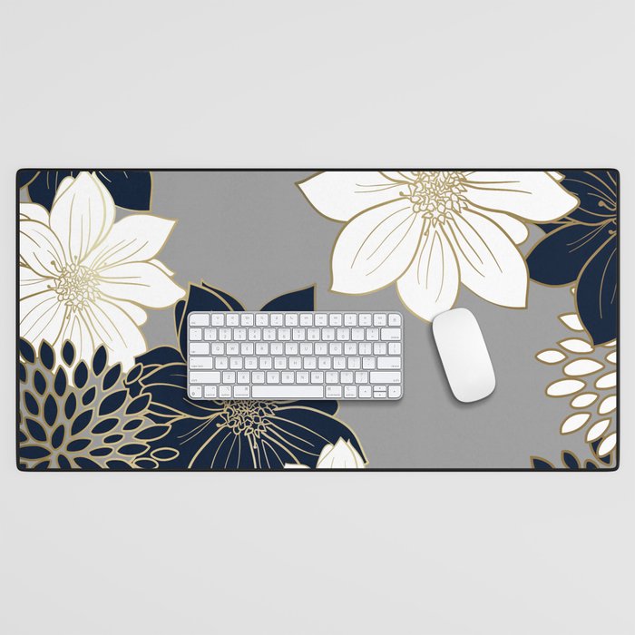 Floral Garden, White, Navy, Grey Desk Mat Gallery Image 1