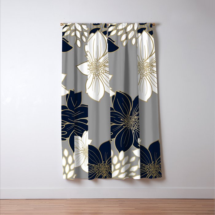 Floral Garden, White, Navy, Grey Window Curtain Gallery Image 3