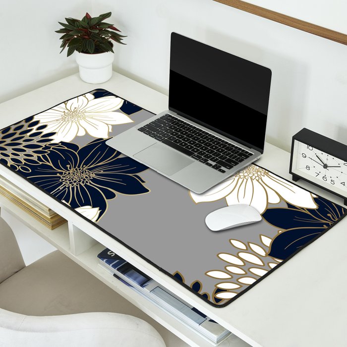 Floral Garden, White, Navy, Grey Desk Mat Gallery Image 2
