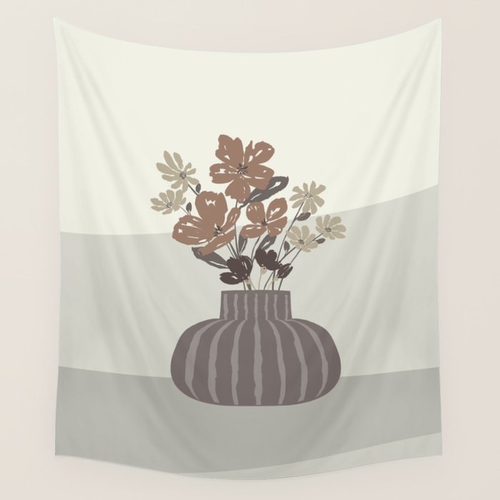 Wildflower bouquet in vase illustration - pantone brown mocha mousse Wall Tapestry Gallery Image 4