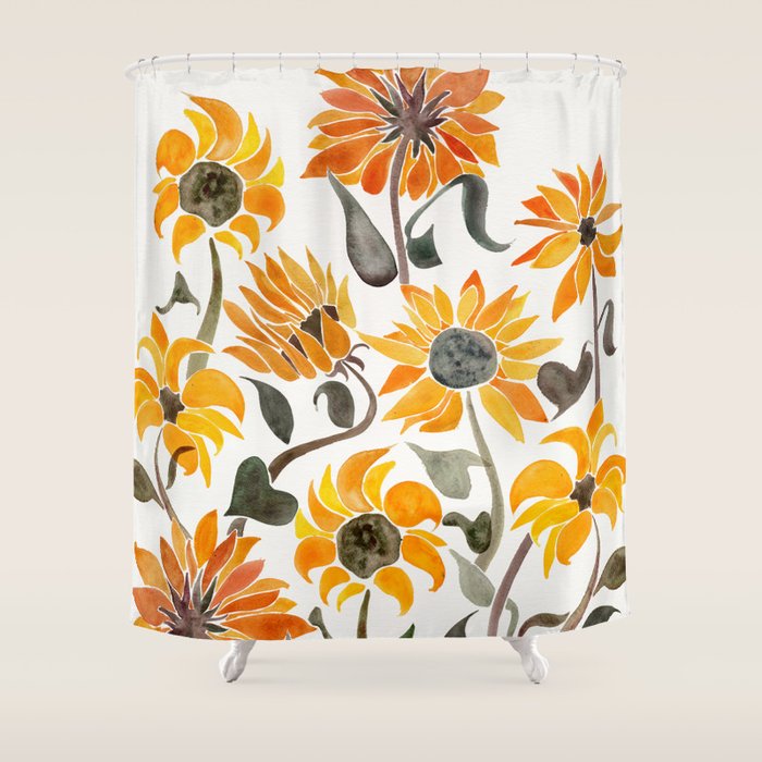 Sunflower Watercolor - Yellow & Black Palette Shower Curtain Gallery Image 1