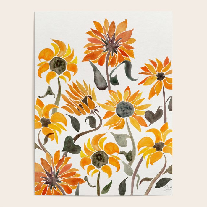 Sunflower Watercolor - Yellow & Black Palette Poster Gallery Image 1