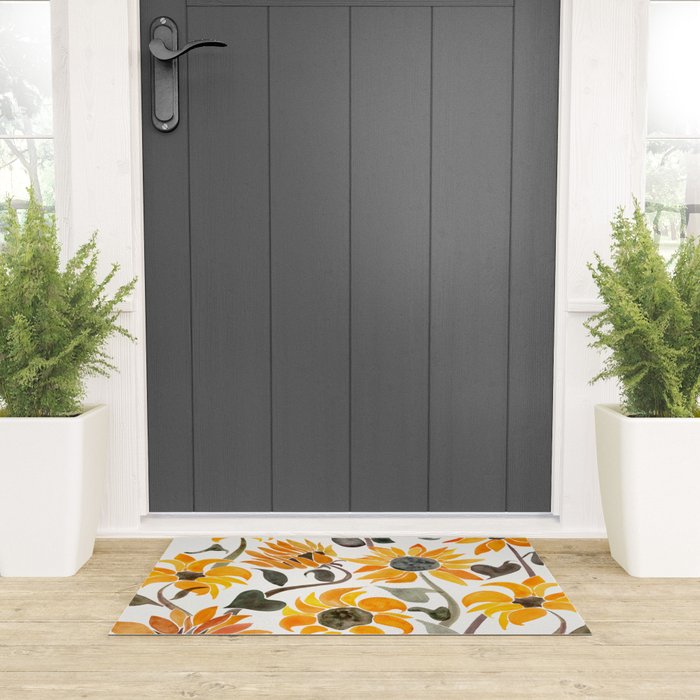 Sunflower Watercolor - Yellow & Black Palette Welcome Mat Gallery Image 3