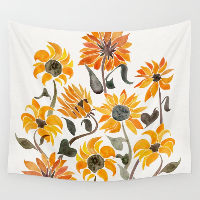 Sunflower Watercolor - Yellow & Black Palette Wall Tapestry Gallery Image 1