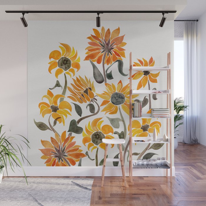 Sunflower Watercolor - Yellow & Black Palette Wall Mural Gallery Image 1