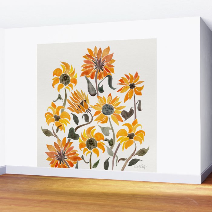 Sunflower Watercolor - Yellow & Black Palette Wall Mural Gallery Image 2