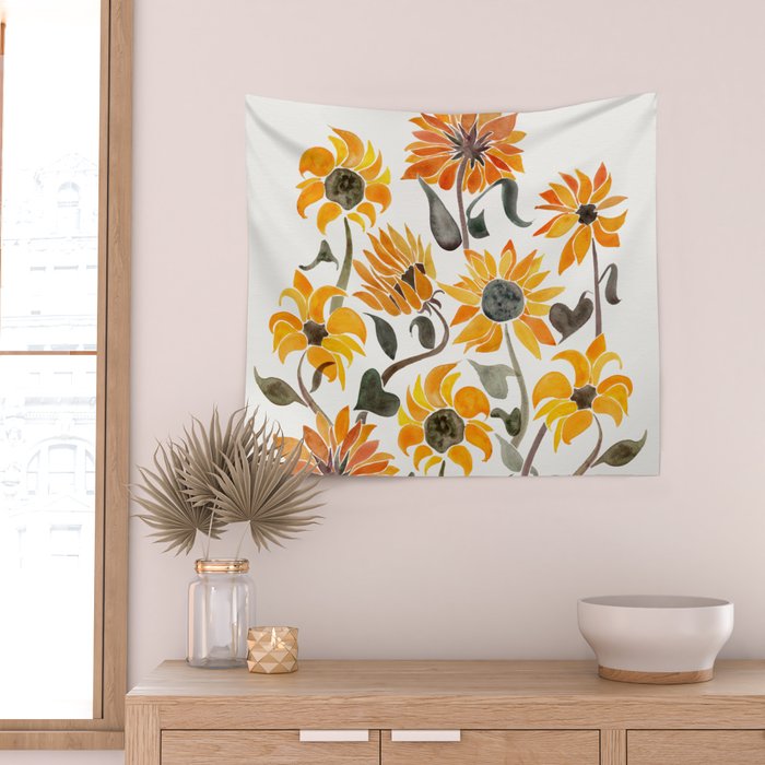 Sunflower Watercolor - Yellow & Black Palette Wall Tapestry Gallery Image 2