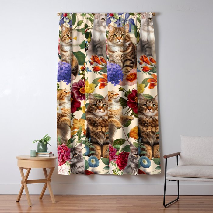 Cat and Floral Pattern IV Window Curtain Gallery Image 1