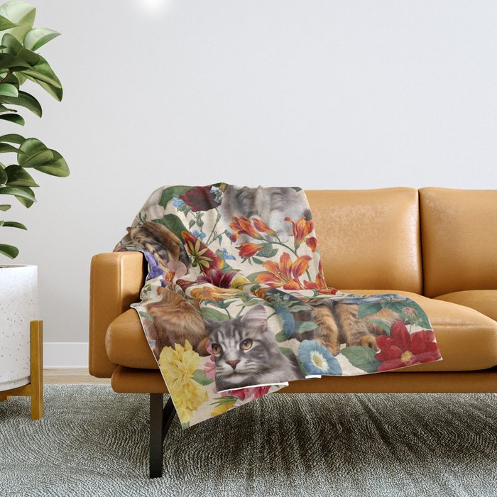 Cat and Floral Pattern IV Throw Blanket Gallery Image 1