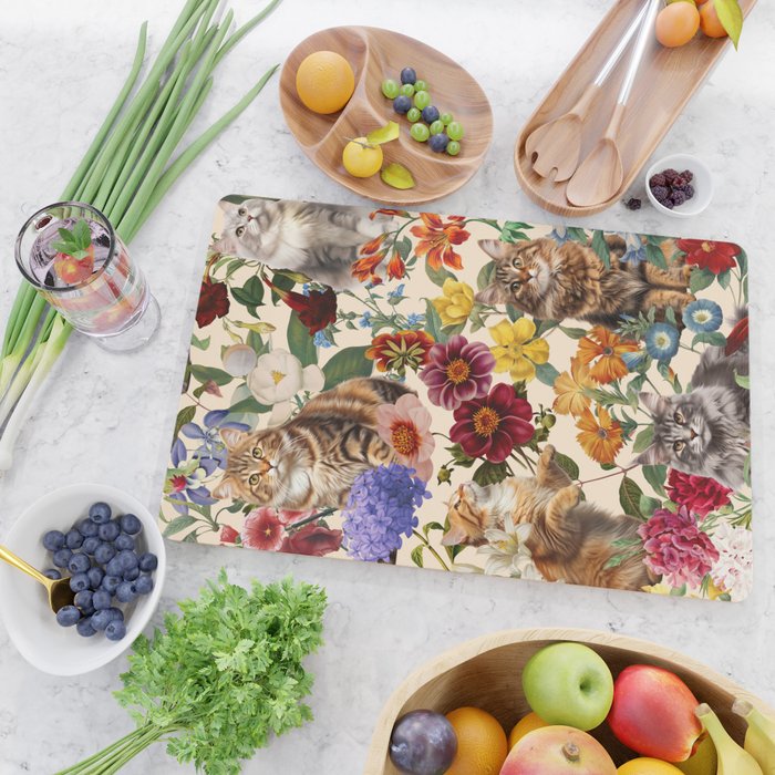 Cat and Floral Pattern IV Cutting Board Gallery Image 2