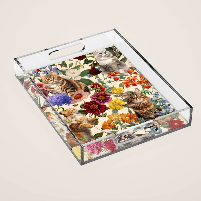 Cat and Floral Pattern IV Acrylic Tray Gallery Image 1