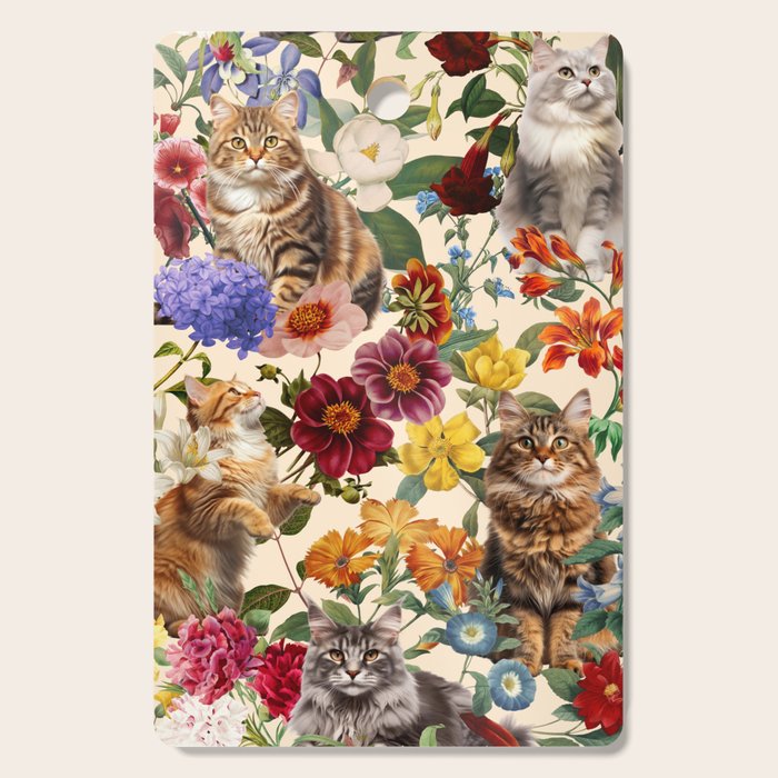 Cat and Floral Pattern IV Cutting Board Gallery Image 1