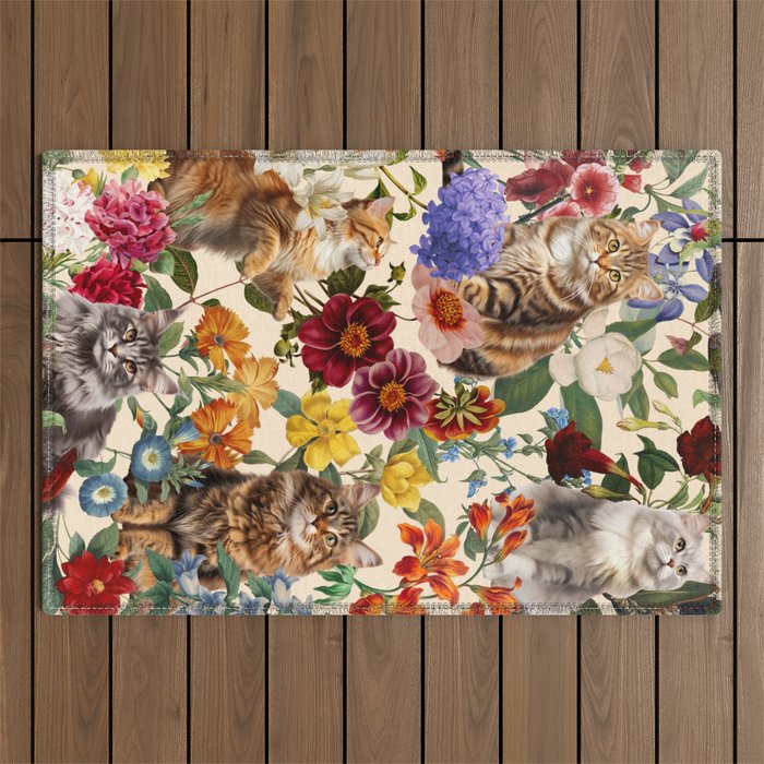 Cat and Floral Pattern IV Outdoor Rug Gallery Image 1