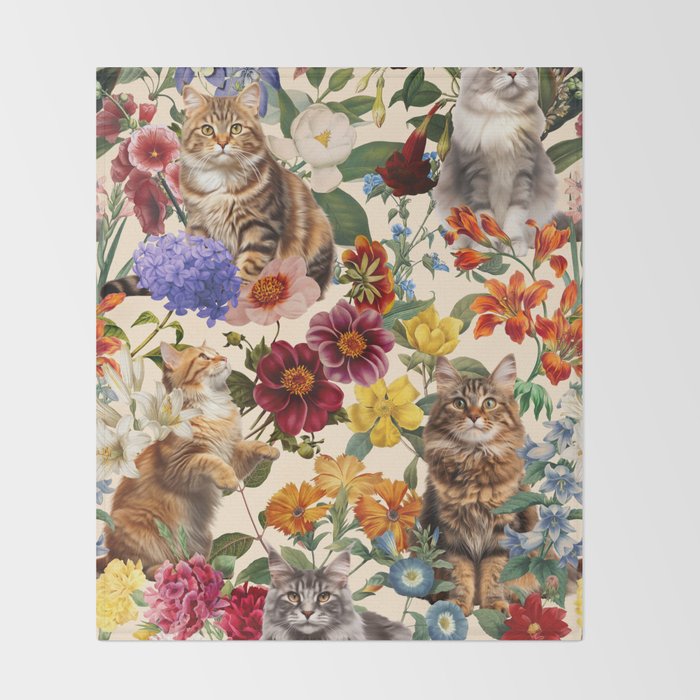 Cat and Floral Pattern IV Throw Blanket Gallery Image 2