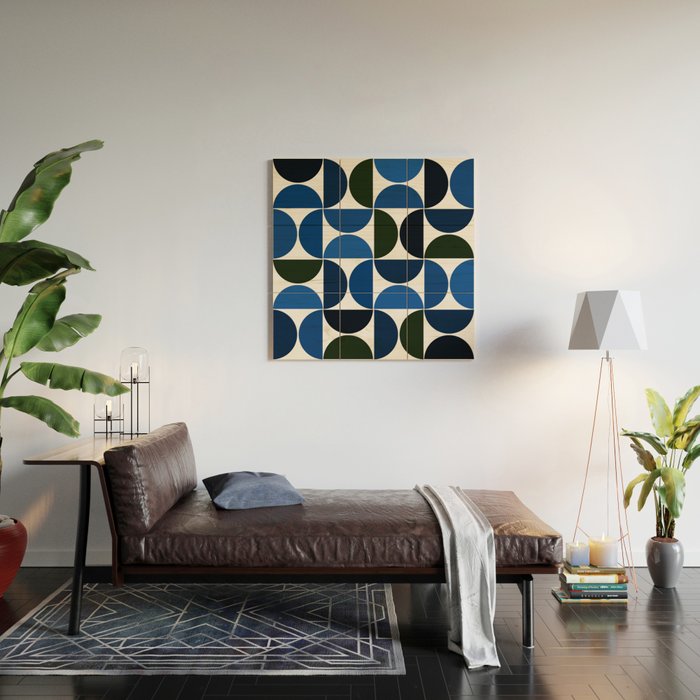 Mid century modern geometric Indigo Blue Wood Wall Art Gallery Image 2