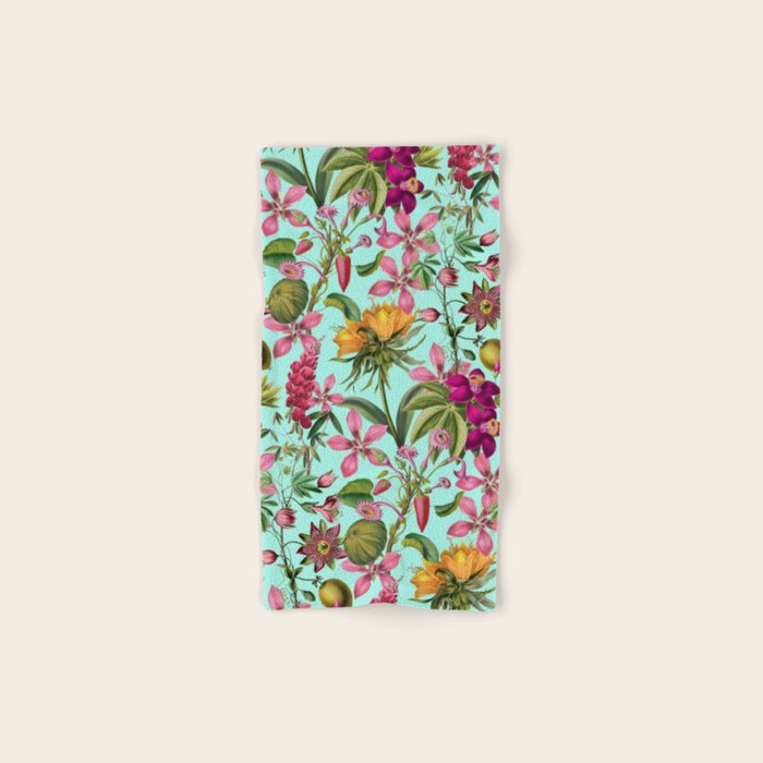 Tropical Bloom Serenade Exotic Floral Pattern Vintage Botanical Vibes Turquoise Bath Towel Gallery Image 1