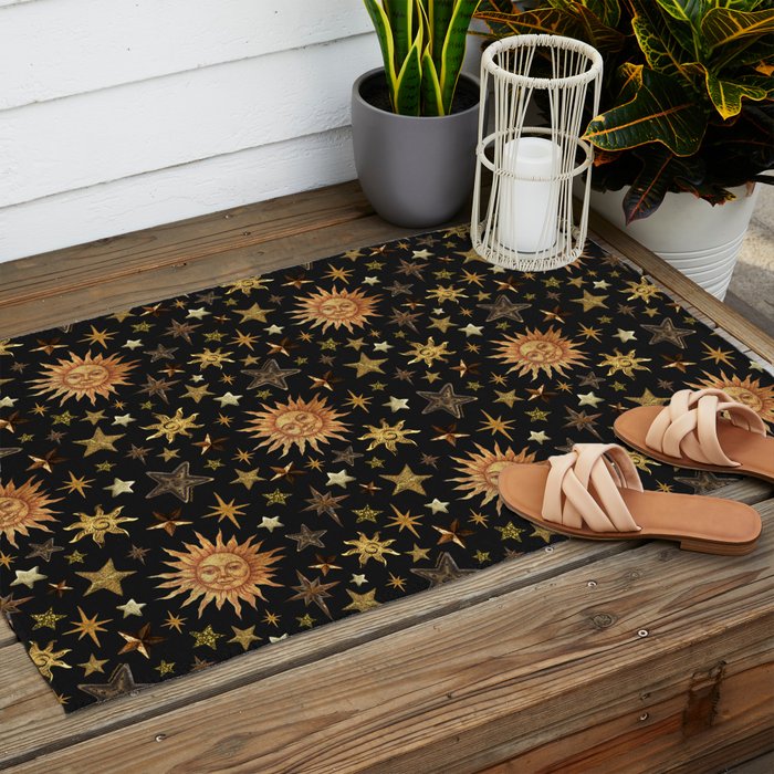 Vintage Collage Print in Black Outdoor Rug Gallery Image 2