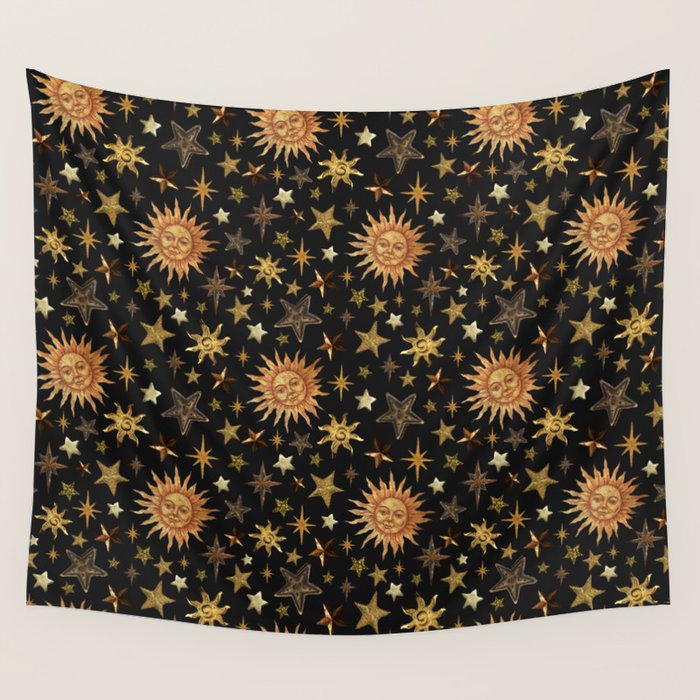 Vintage Collage Print in Black Wall Tapestry Gallery Image 1