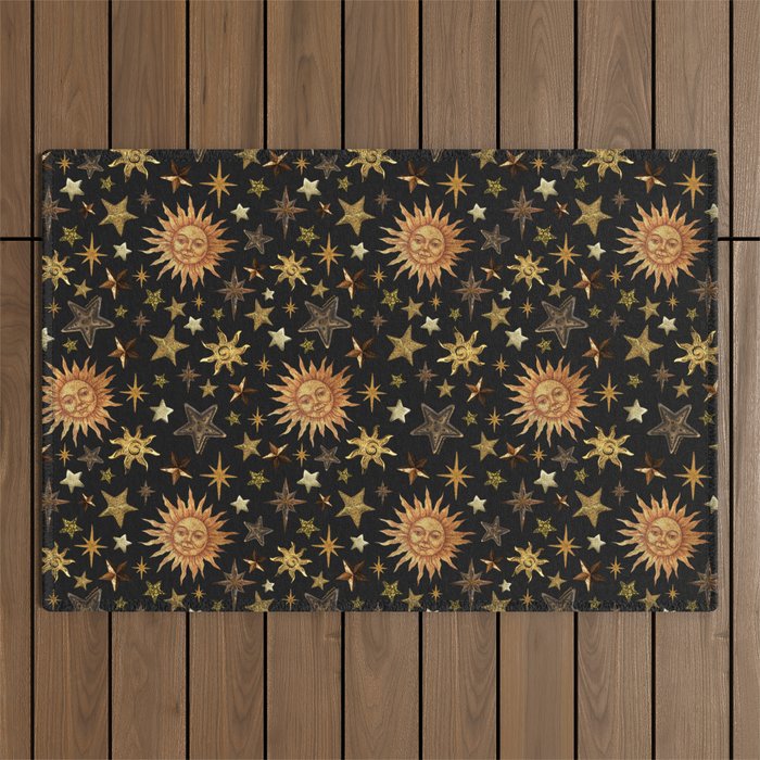 Vintage Collage Print in Black Outdoor Rug Gallery Image 1