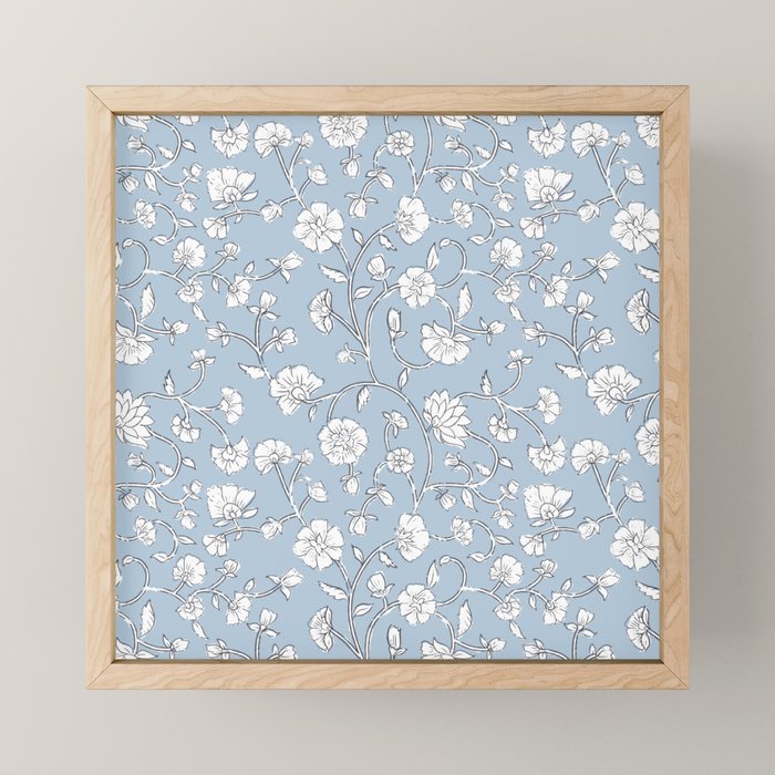 Vintage Small Block Print Floral - Sky Mini Art Print Gallery Image 1