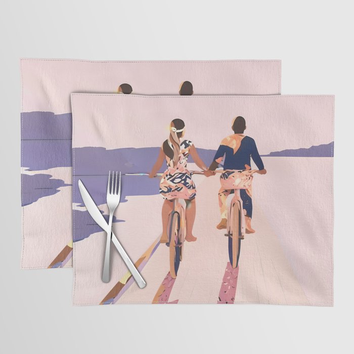 Cycling Joy Series 01: Into The Lilac Sunset, Couple Love Companion Friends, Eclectic Pastel Landscape Romantic, Scenic Outdoors Evening Painting Placemat Gallery Image 1