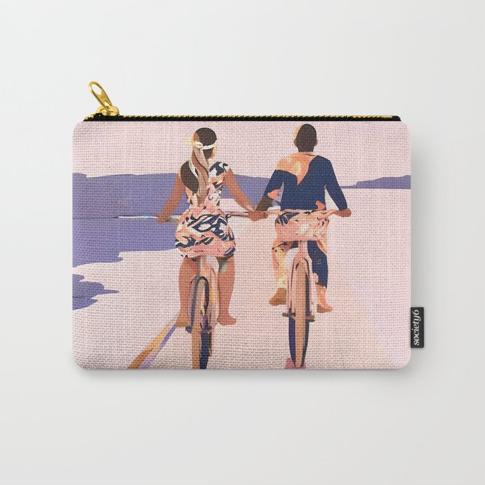 Cycling Joy Series 01: Into The Lilac Sunset, Couple Love Companion Friends, Eclectic Pastel Landscape Romantic, Scenic Outdoors Evening Painting Carry All Pouch Gallery Image 1