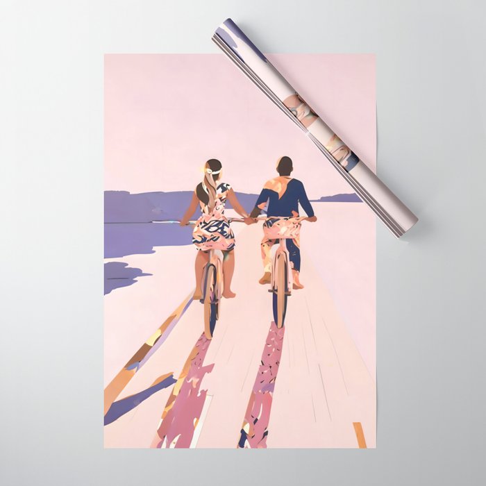 Cycling Joy Series 01: Into The Lilac Sunset, Couple Love Companion Friends, Eclectic Pastel Landscape Romantic, Scenic Outdoors Evening Painting Wrapping Paper Gallery Image 1