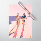 Cycling Joy Series 01: Into The Lilac Sunset, Couple Love Companion Friends, Eclectic Pastel Landscape Romantic, Scenic Outdoors Evening Painting Wrapping Paper Gallery Image 1