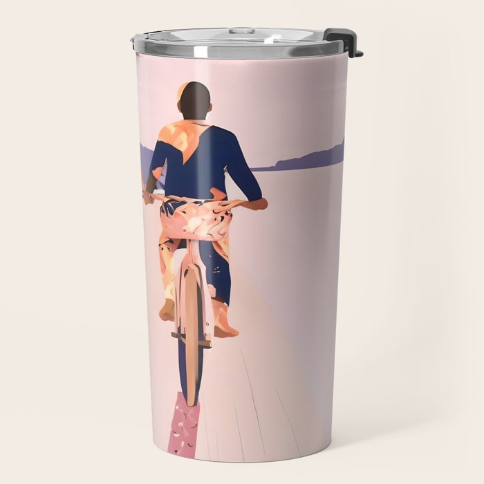 Cycling Joy Series 01: Into The Lilac Sunset, Couple Love Companion Friends, Eclectic Pastel Landscape Romantic, Scenic Outdoors Evening Painting Travel Mug Gallery Image 2