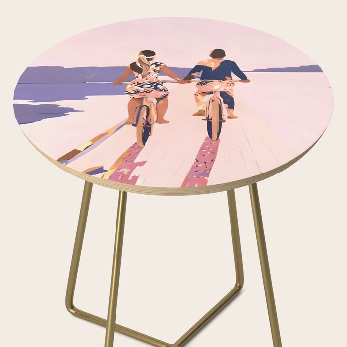 Cycling Joy Series 01: Into The Lilac Sunset, Couple Love Companion Friends, Eclectic Pastel Landscape Romantic, Scenic Outdoors Evening Painting Side Table Gallery Image 2