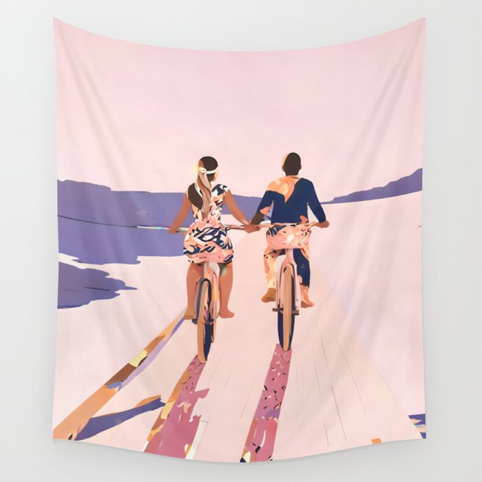 Cycling Joy Series 01: Into The Lilac Sunset, Couple Love Companion Friends, Eclectic Pastel Landscape Romantic, Scenic Outdoors Evening Painting Wall Tapestry Gallery Image 1