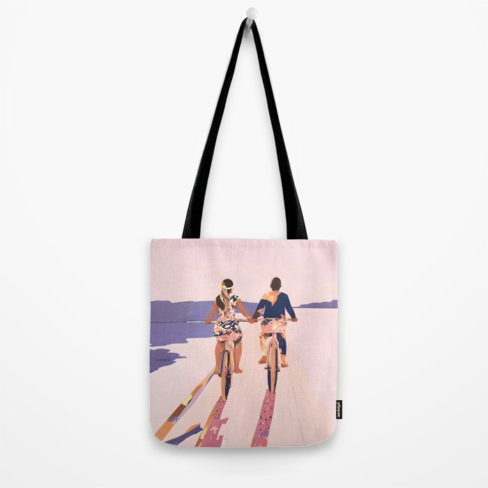 Cycling Joy Series 01: Into The Lilac Sunset, Couple Love Companion Friends, Eclectic Pastel Landscape Romantic, Scenic Outdoors Evening Painting Tote Bag Gallery Image 2
