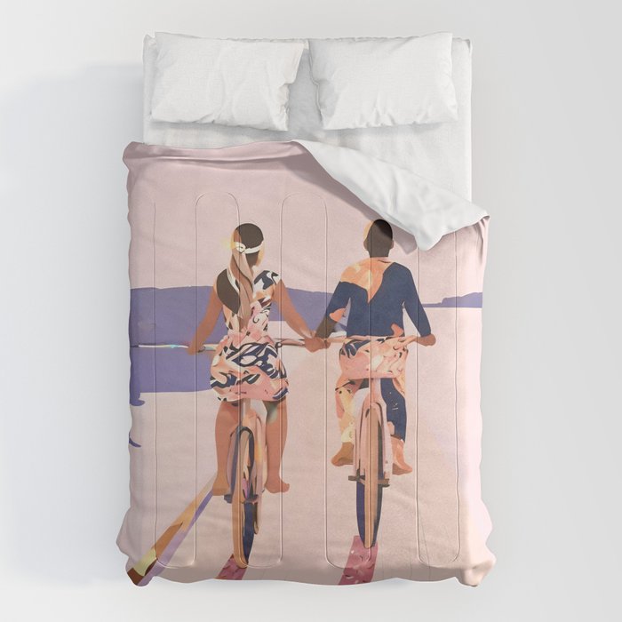 Cycling Joy Series 01: Into The Lilac Sunset, Couple Love Companion Friends, Eclectic Pastel Landscape Romantic, Scenic Outdoors Evening Painting Comforter Gallery Image 6