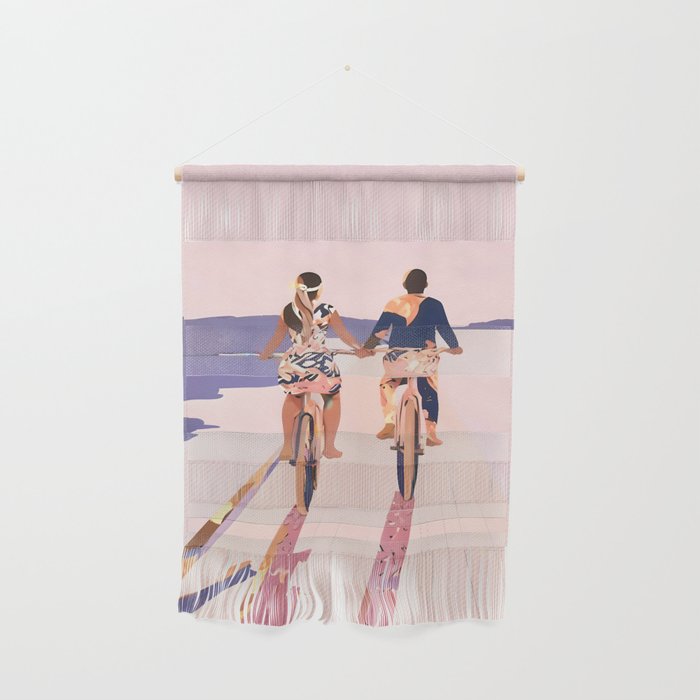 Cycling Joy Series 01: Into The Lilac Sunset, Couple Love Companion Friends, Eclectic Pastel Landscape Romantic, Scenic Outdoors Evening Painting Wall Hanging Gallery Image 1