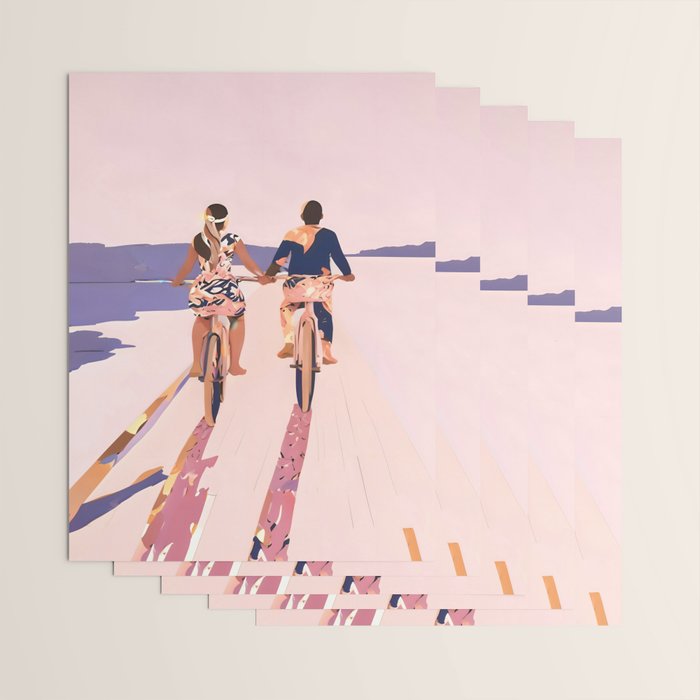 Cycling Joy Series 01: Into The Lilac Sunset, Couple Love Companion Friends, Eclectic Pastel Landscape Romantic, Scenic Outdoors Evening Painting Wrapping Paper Gallery Image 3