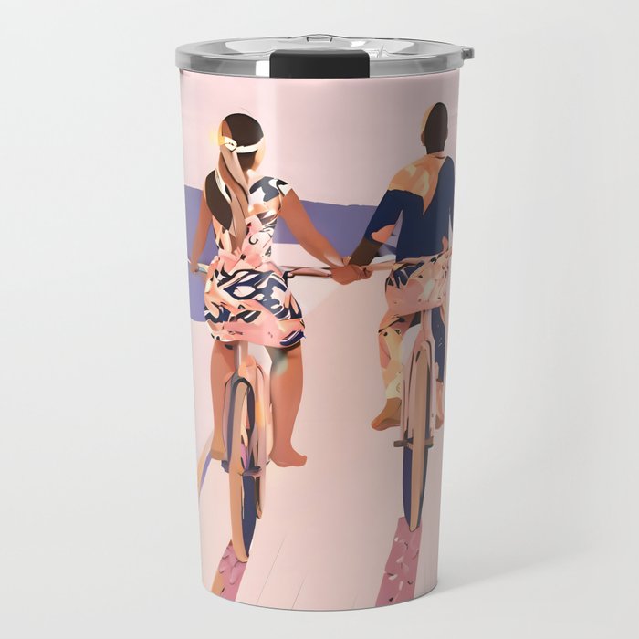 Cycling Joy Series 01: Into The Lilac Sunset, Couple Love Companion Friends, Eclectic Pastel Landscape Romantic, Scenic Outdoors Evening Painting Travel Mug Gallery Image 1