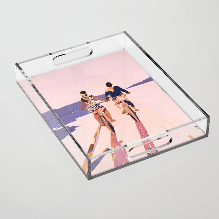 Cycling Joy Series 01: Into The Lilac Sunset, Couple Love Companion Friends, Eclectic Pastel Landscape Romantic, Scenic Outdoors Evening Painting Acrylic Tray Gallery Image 1